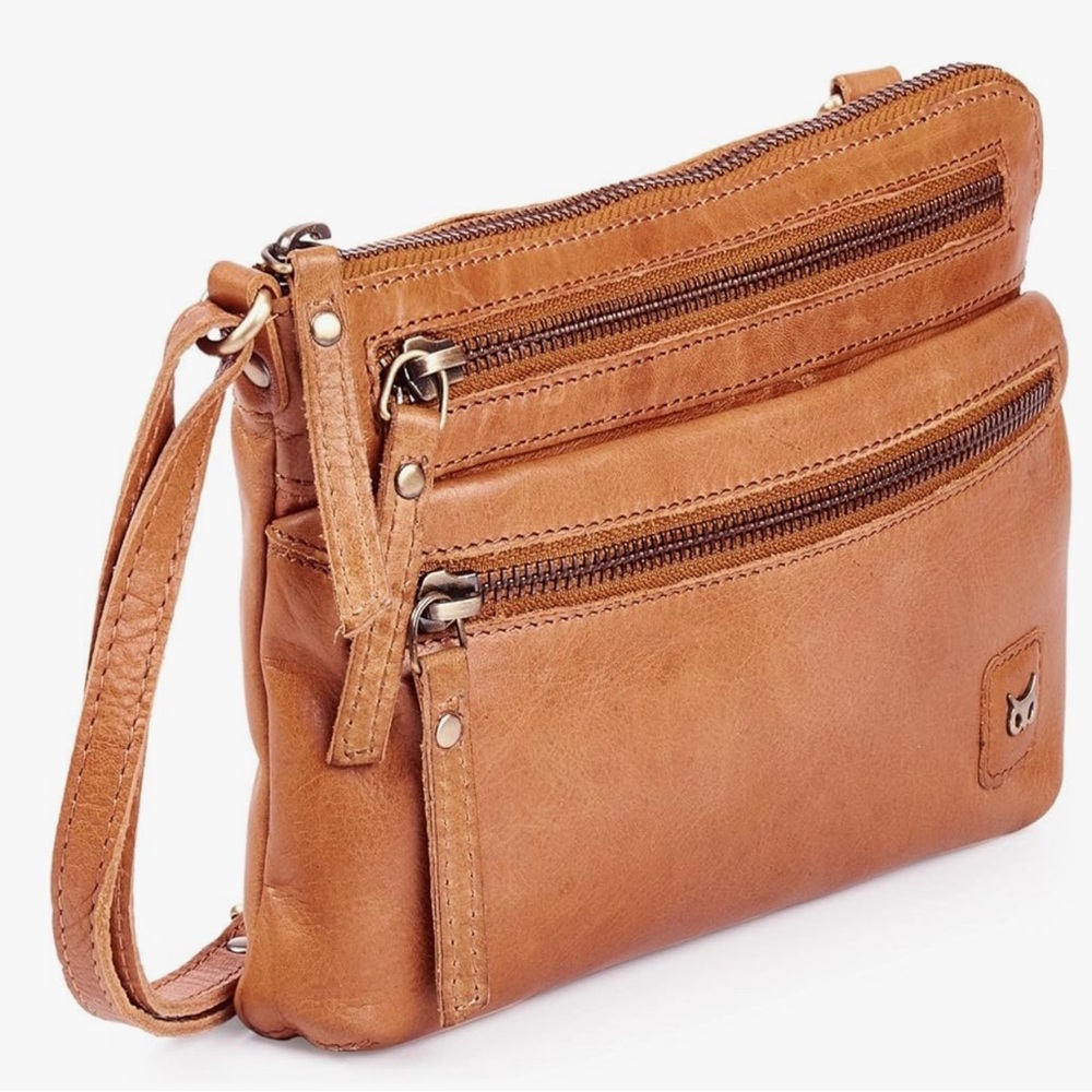 Pink Owl Tan Leather Crossbody Bag